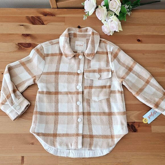 Cat & Jack - Girls' Plaid Button-Front Long Sleeve Shacket - Beige Plaid - Picture 5 of 13